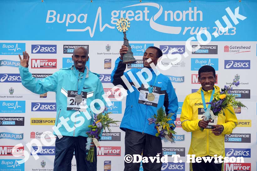 From left to right: 2nd Mo Farah, winner Kenenisa Bekele and 3rd Haile Gebrselassie lin the BUPA Great North Run.